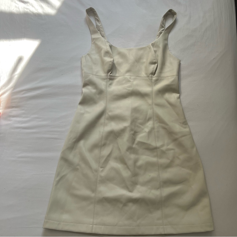 Cream Square Neck Faux Leather Dress
